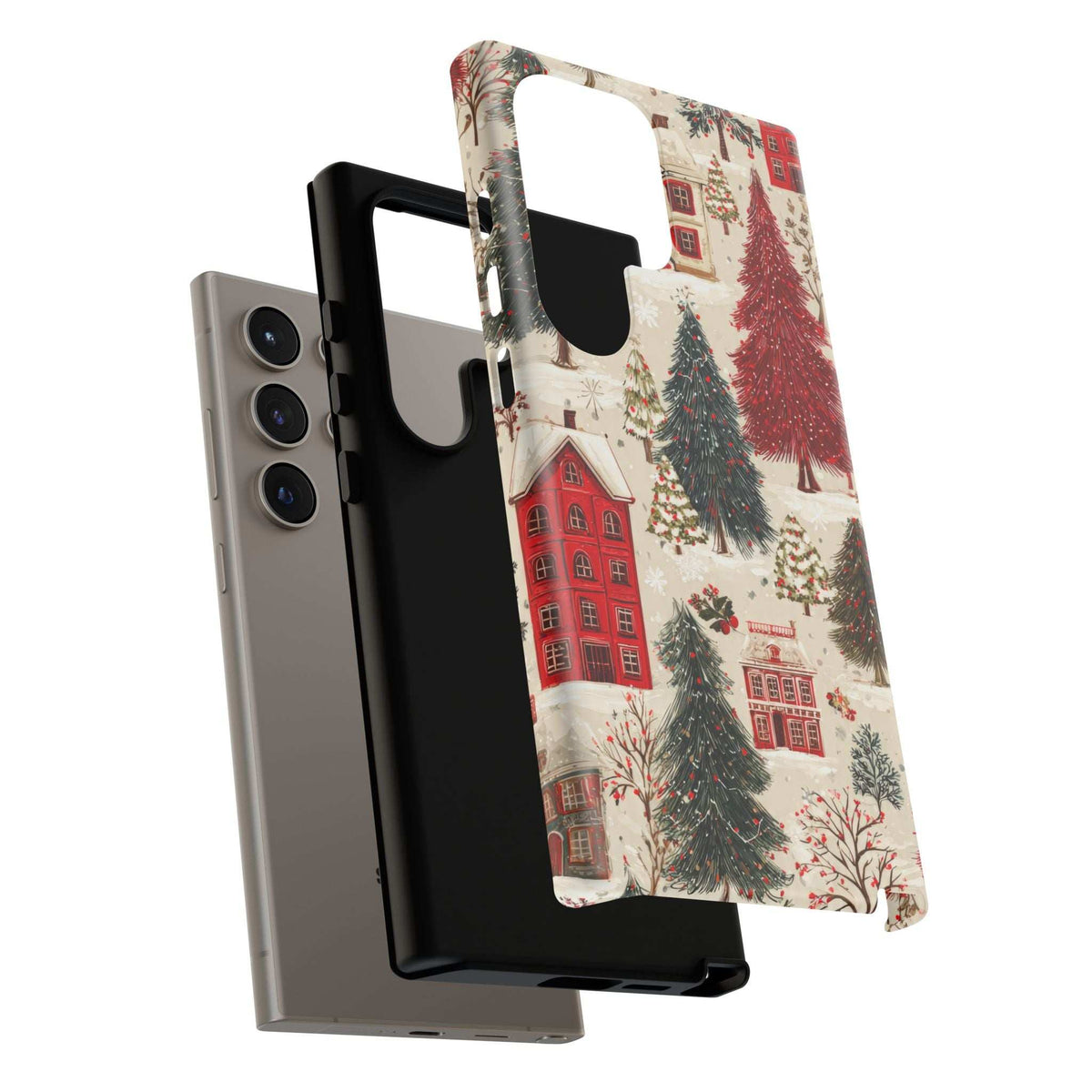 Winter village phone case with red houses and pine trees; includes rear cover and frame.
