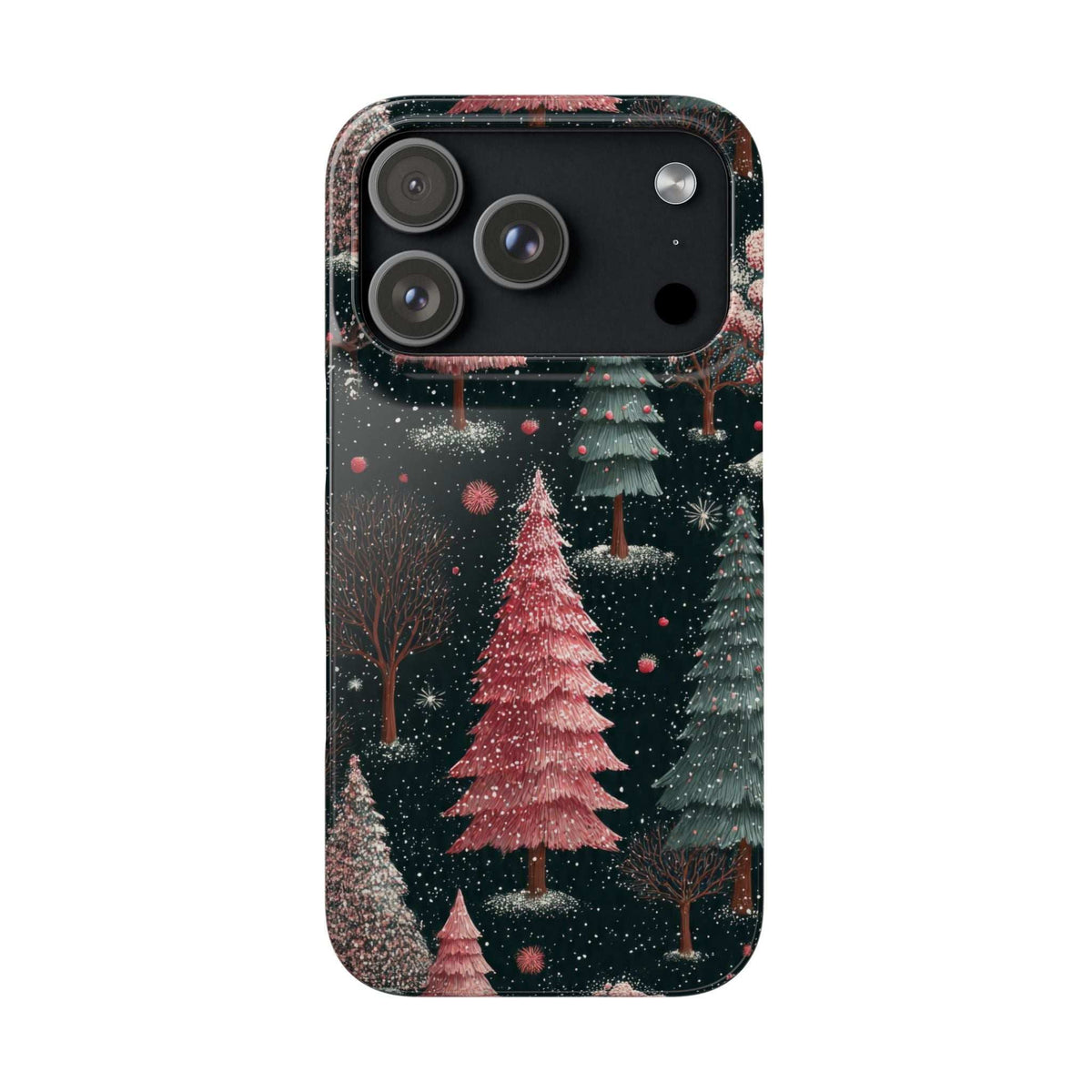 Glossy phone case with dark winter forest design, pink tree, and visible top camera lens.
