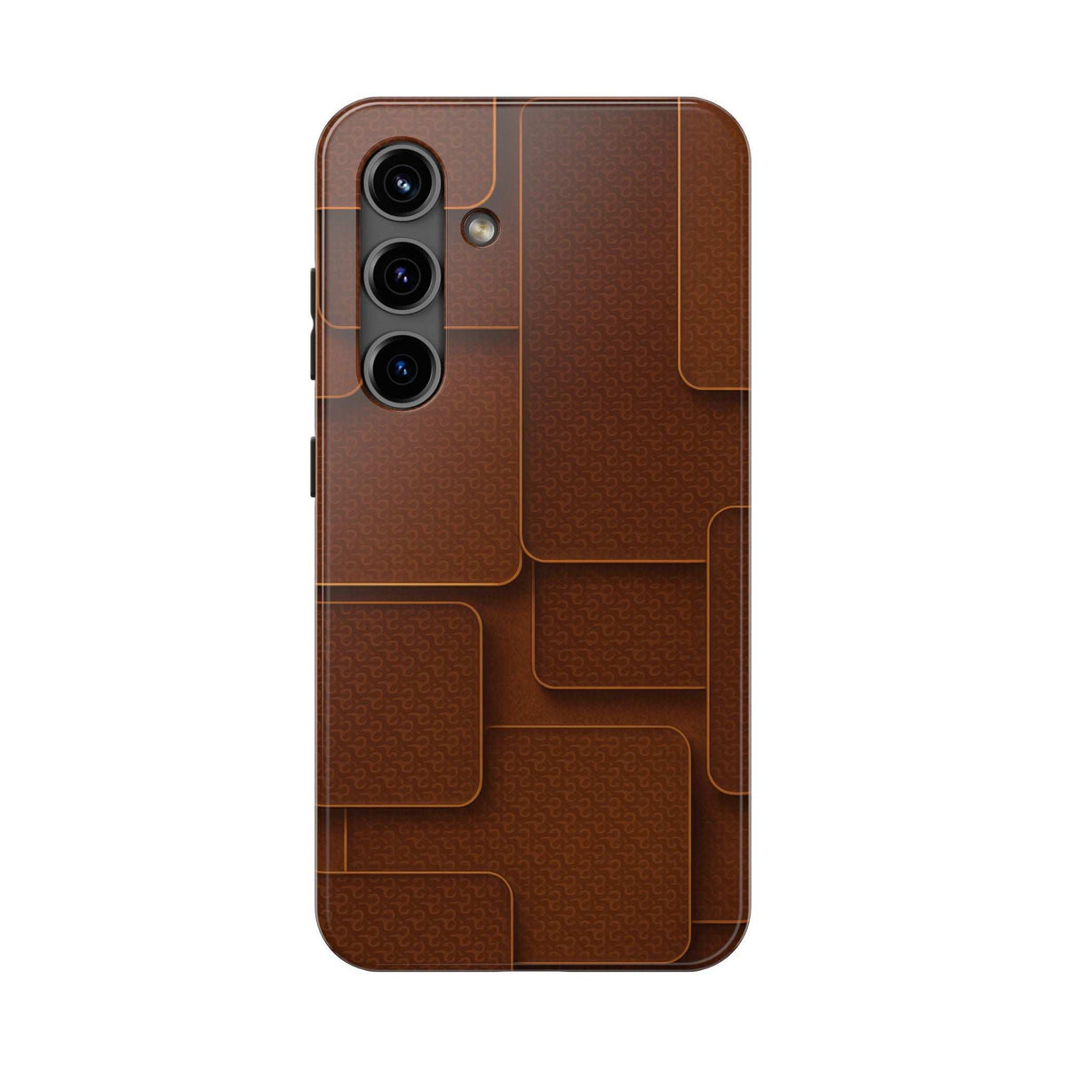 Textured brown phone case with embossed patch design and side button cutouts