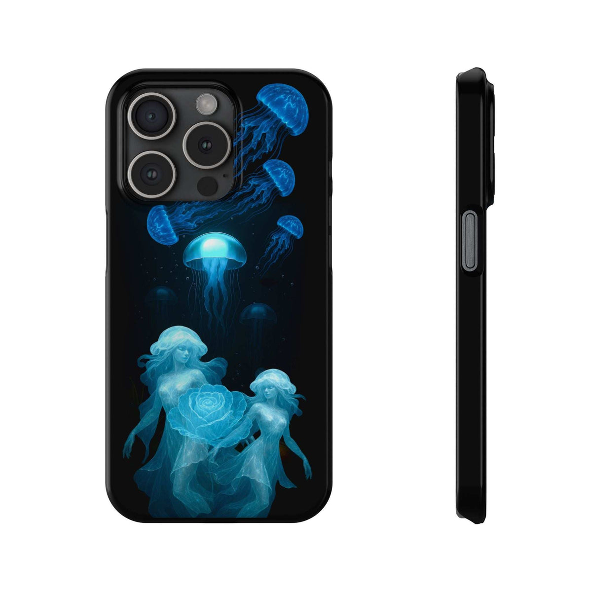 Black phone case featuring blue jellyfish and rose graphic, front view and side profile.