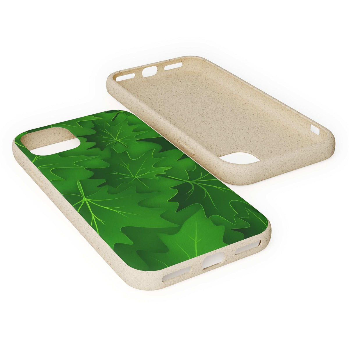 Green botanical leaf phone case with beige border, view from top-left with cutouts