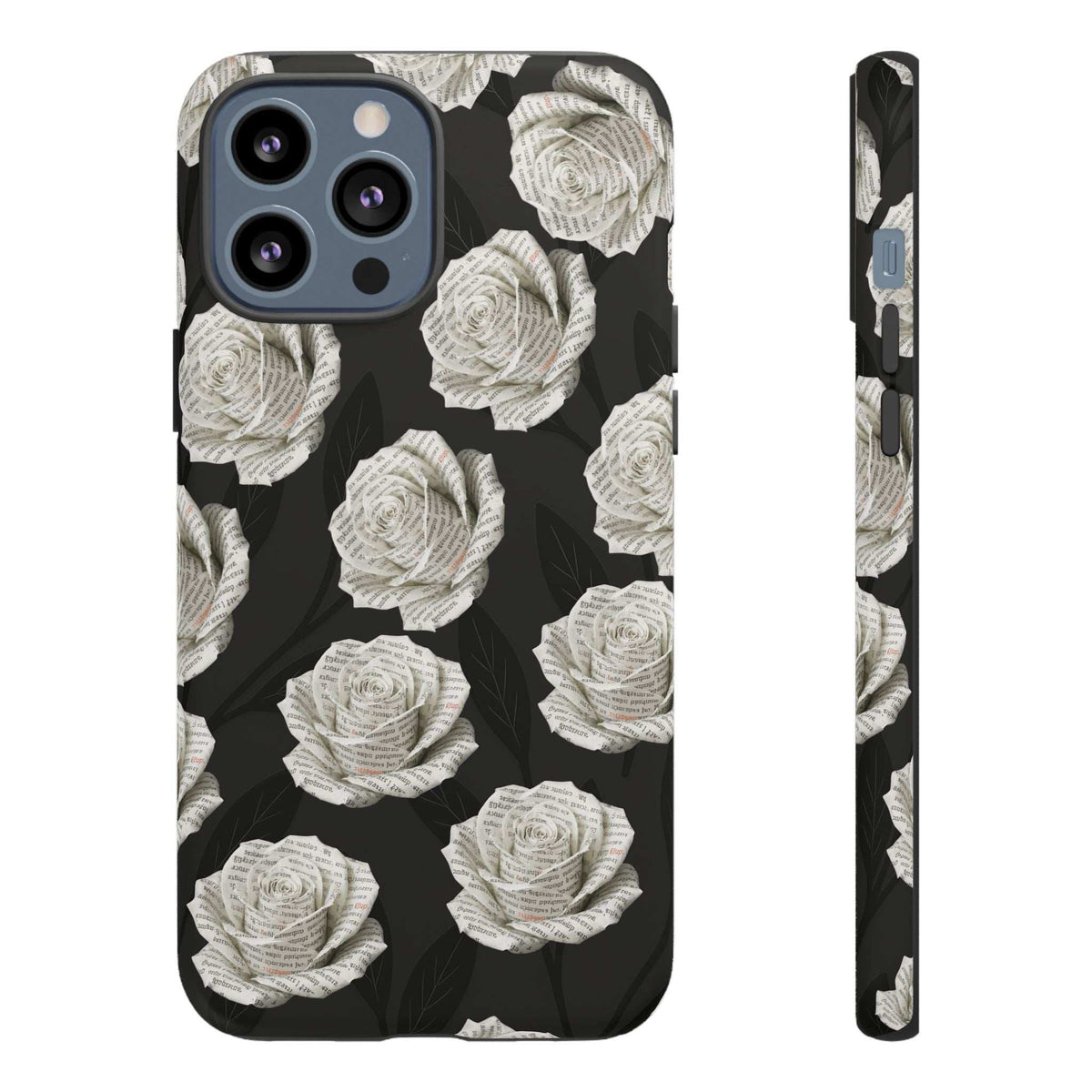 Phone case with white rose pattern on black, showing camera lenses and protective frame