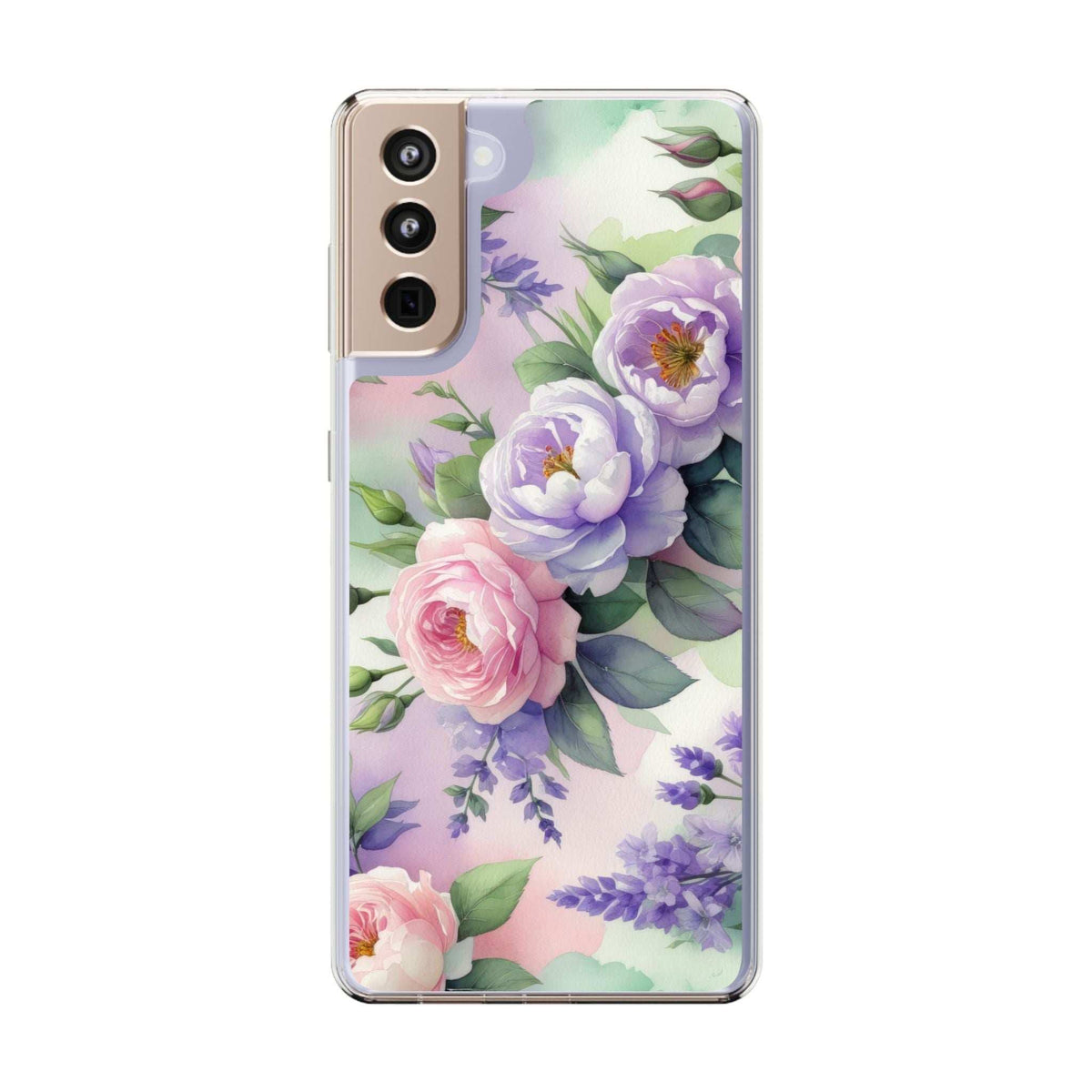 Clear phone case with light background floral print; pink and lavender roses, cutout cameras