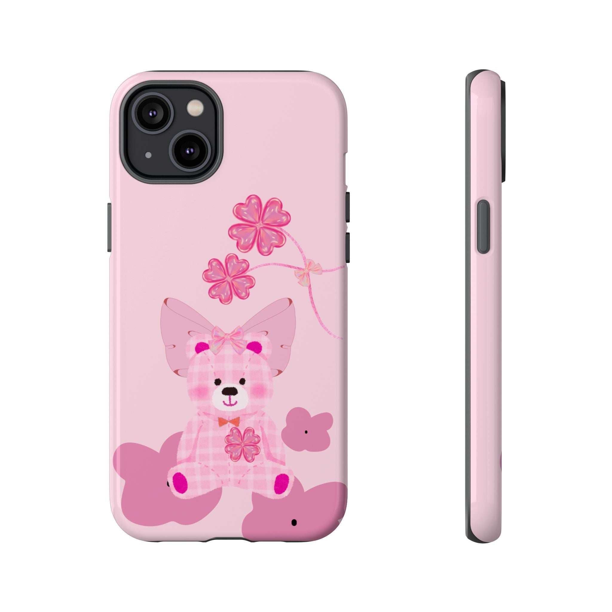 Pink teddy bear phone case with floral bow; back and side profile with port cutout.
