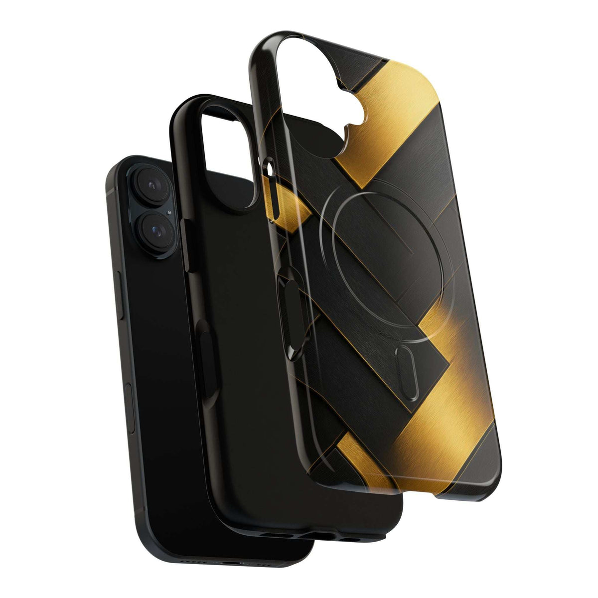 Glossy phone case with black back and gold geometric grid, camera lens openings and side grip