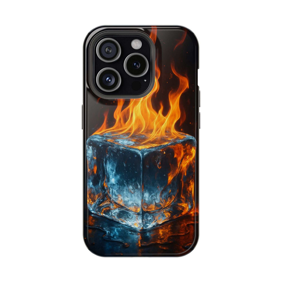 Phone case with glossy black flame-and-ice cube design, raised camera bezel and cutouts.