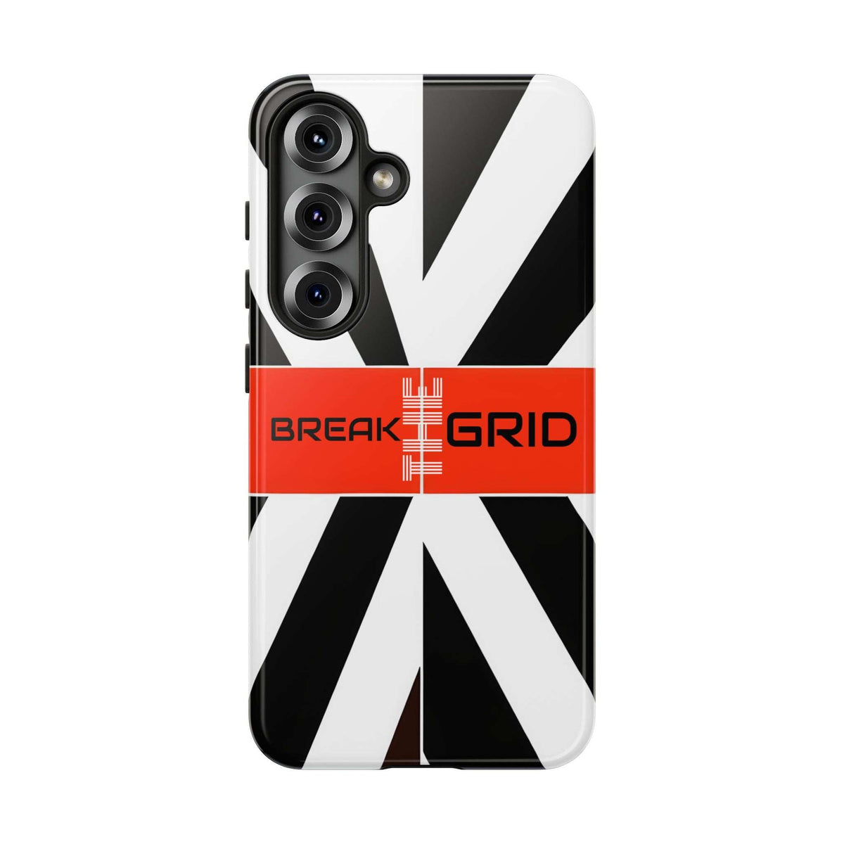 Phone case with black-and-white diagonal stripes, red Break Grid band, triple camera cutout