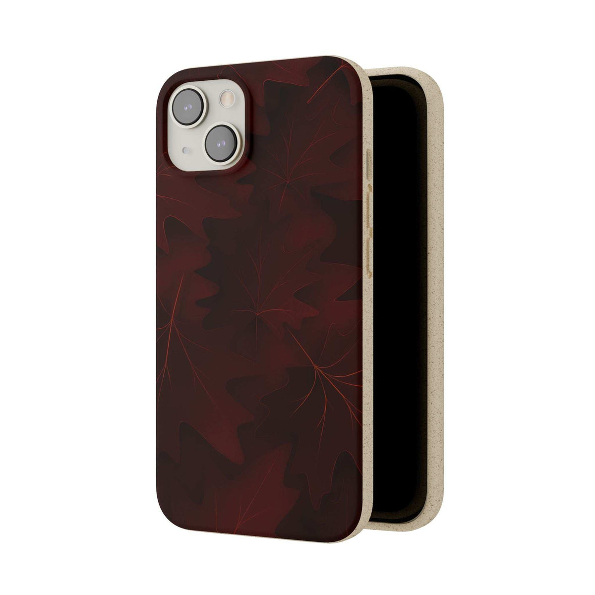 iPhone and Samsung phone case with dark red leaf pattern, camera cutouts, and slim fit