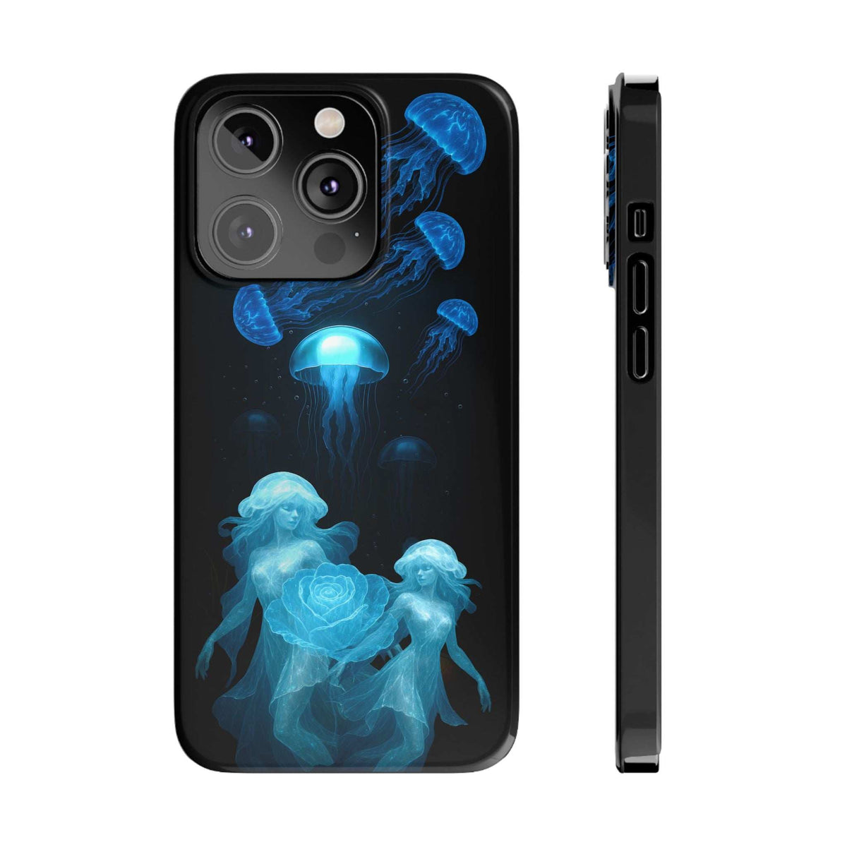 Black phone case with blue jellyfish and rose graphic, front view and slim side.