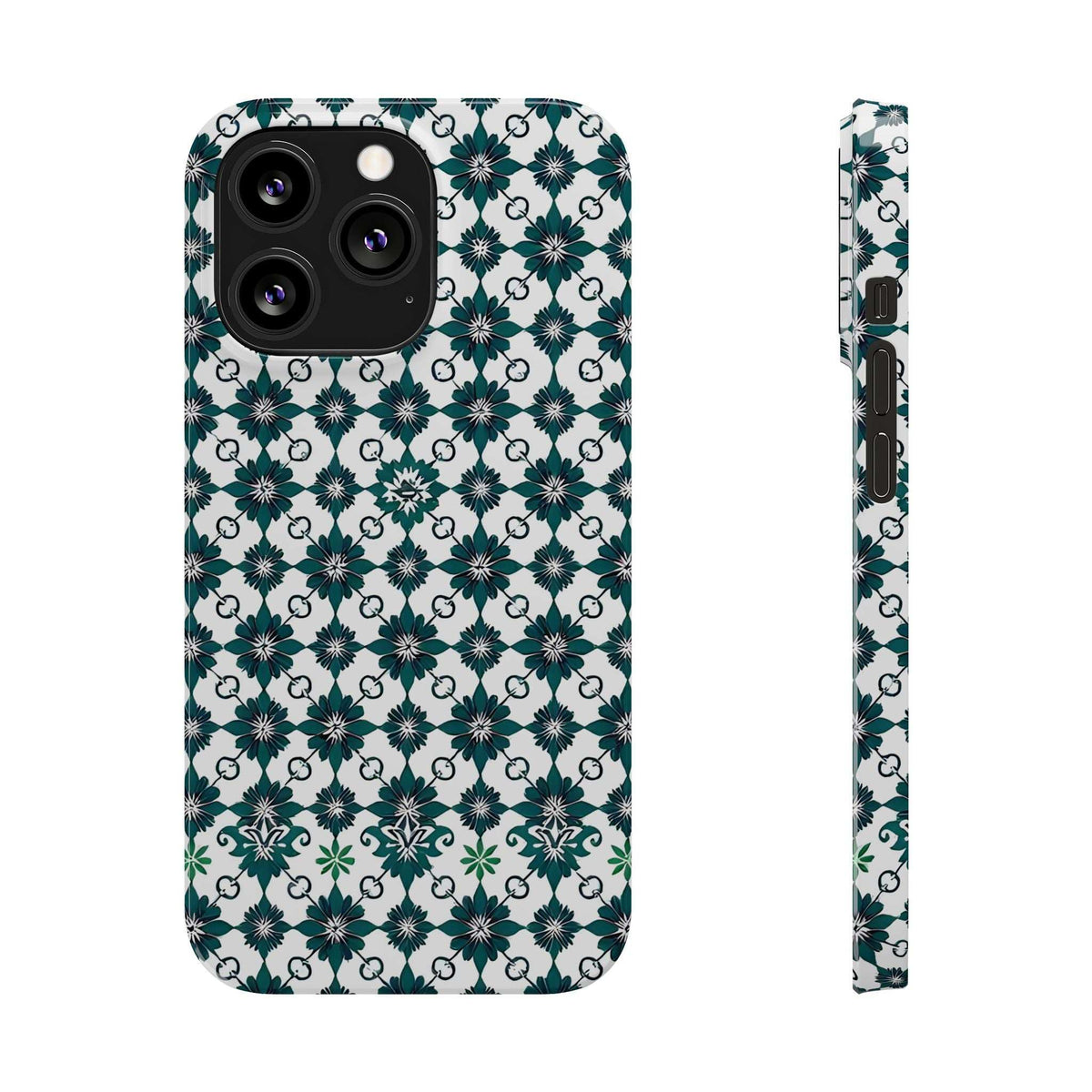 Phone case front view and slim side edge with teal-green geometric floral pattern.