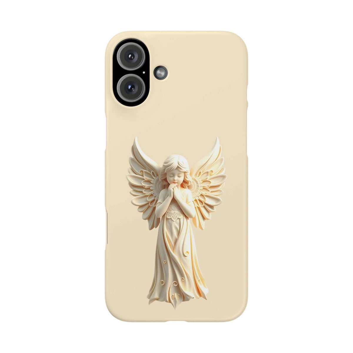 Beige phone case with 3D angel with wings, dual camera cutouts on top left