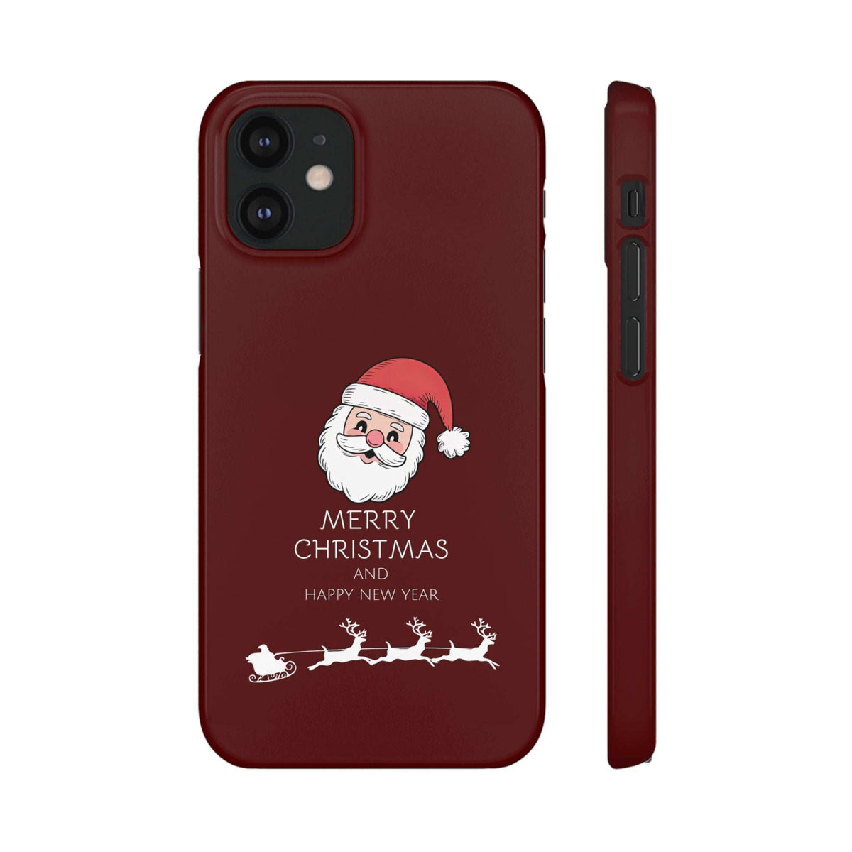 Maroon glossy phone case featuring Santa and “MERRY CHRISTMAS AND HAPPY NEW YEAR,” side buttons