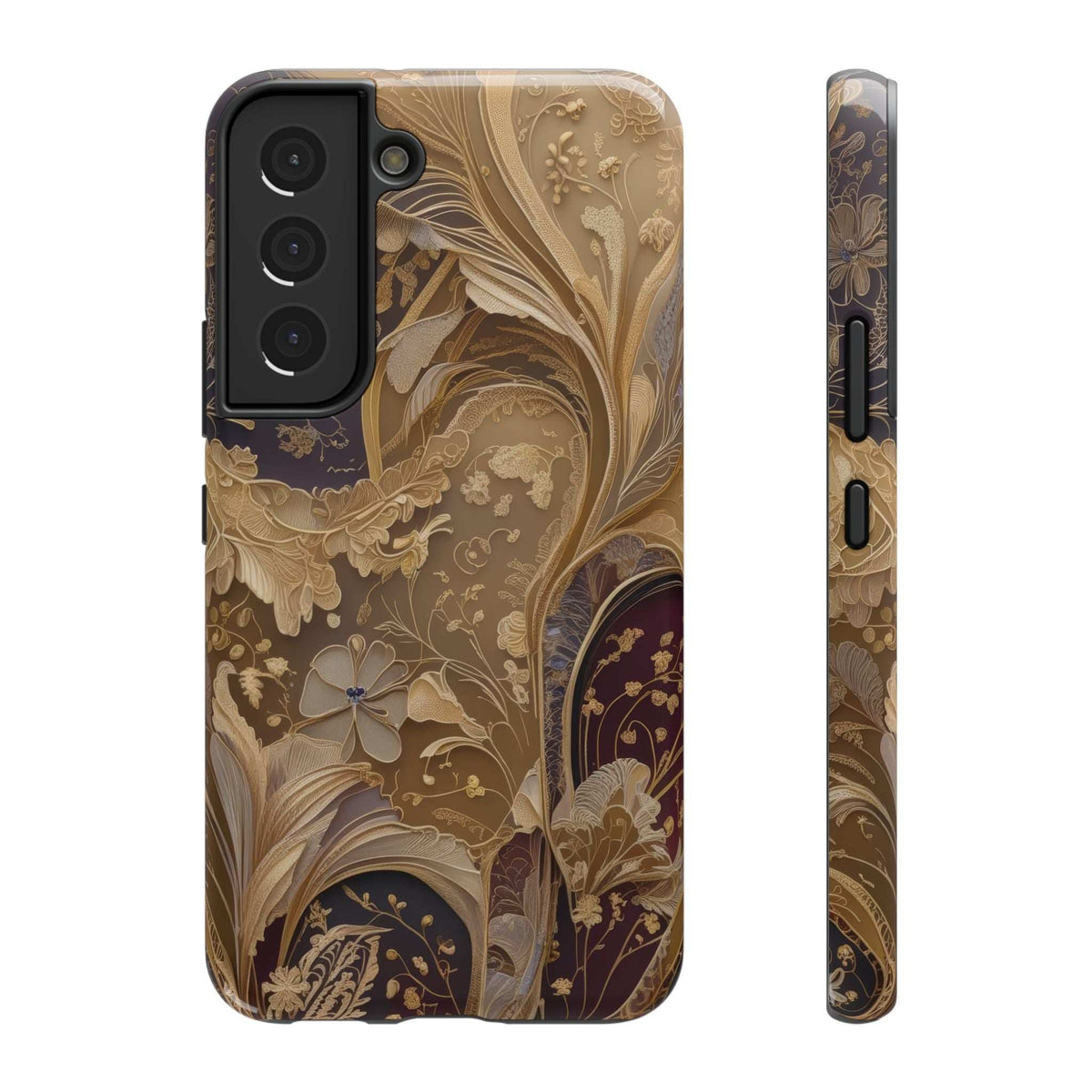 Botanical phone case with gold floral artwork; side buttons and camera cutouts shown.