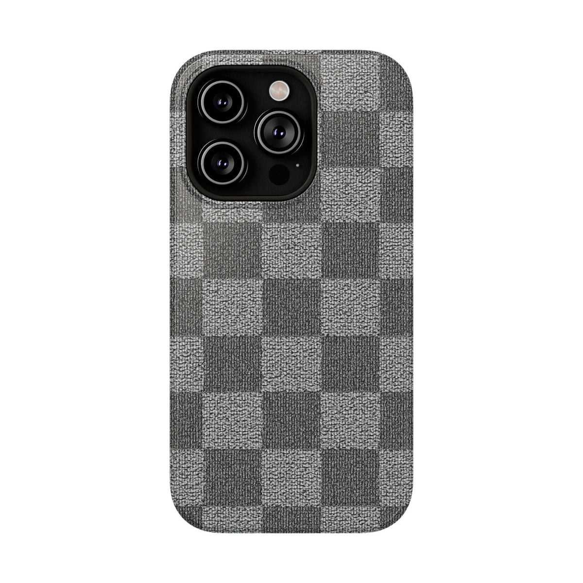 Gray checkered phone case with fabric texture; triple camera cutout with flash