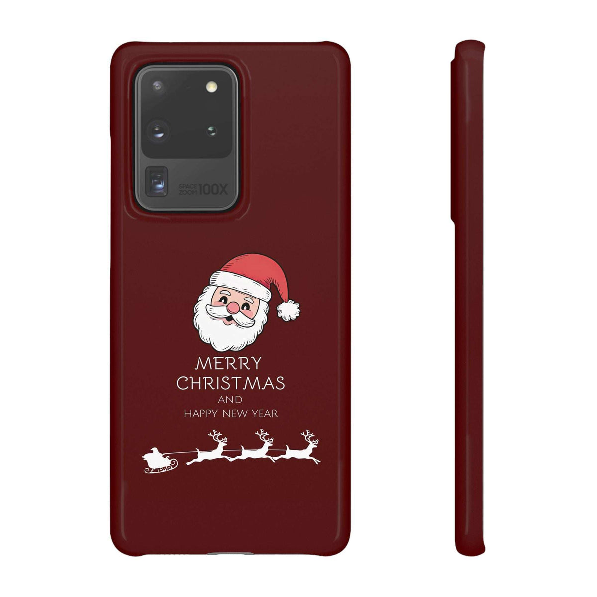 Maroon glossy phone case with Santa graphic and cutouts for camera and ports