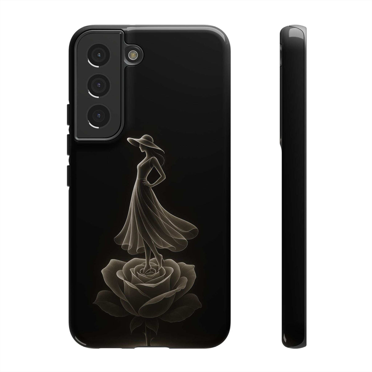 Black glossy phone case with gold ballerina and rose line art; raised camera cutouts