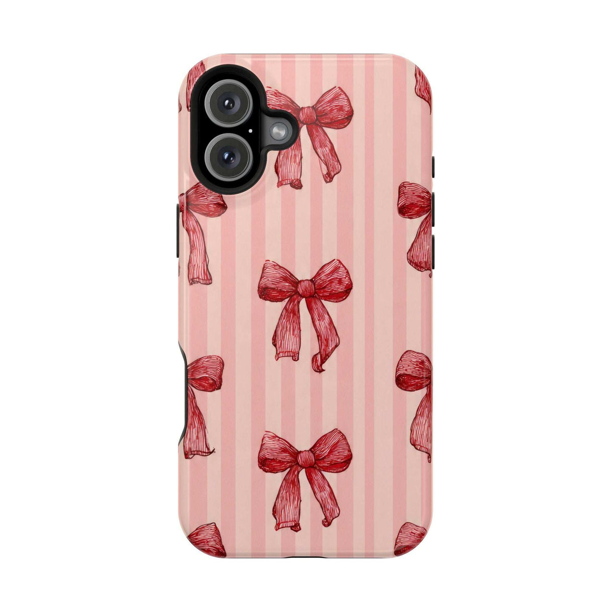 Pink phone case with red vertical stripes and bow pattern, cutouts for camera and ports.