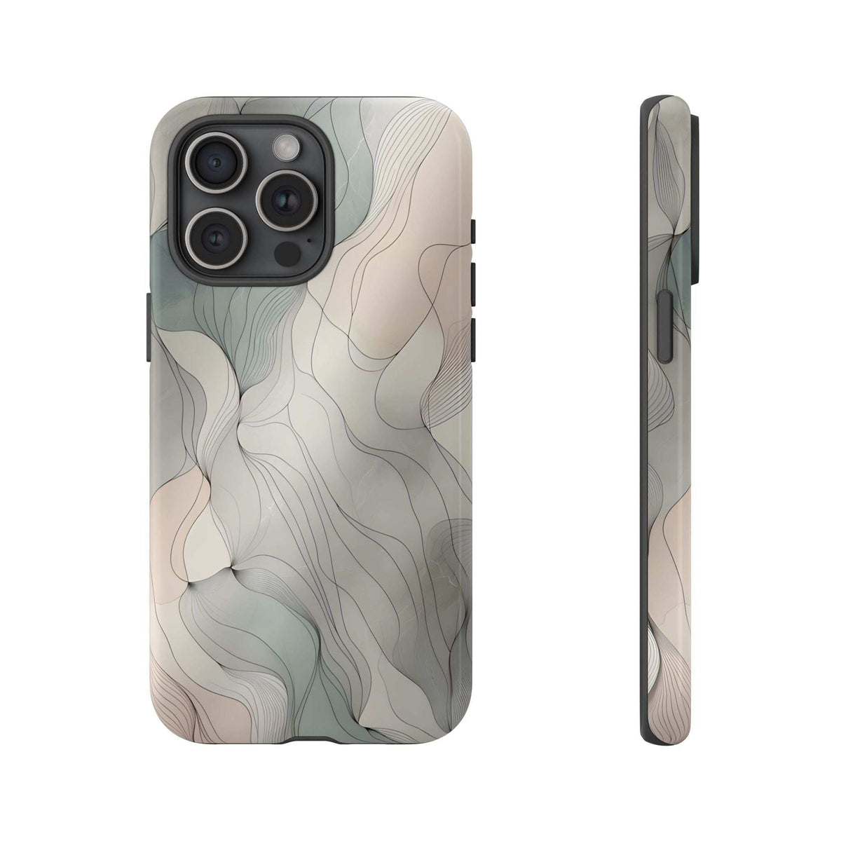 Pastel wave phone case with muted teal and cream abstract waves and raised camera frames