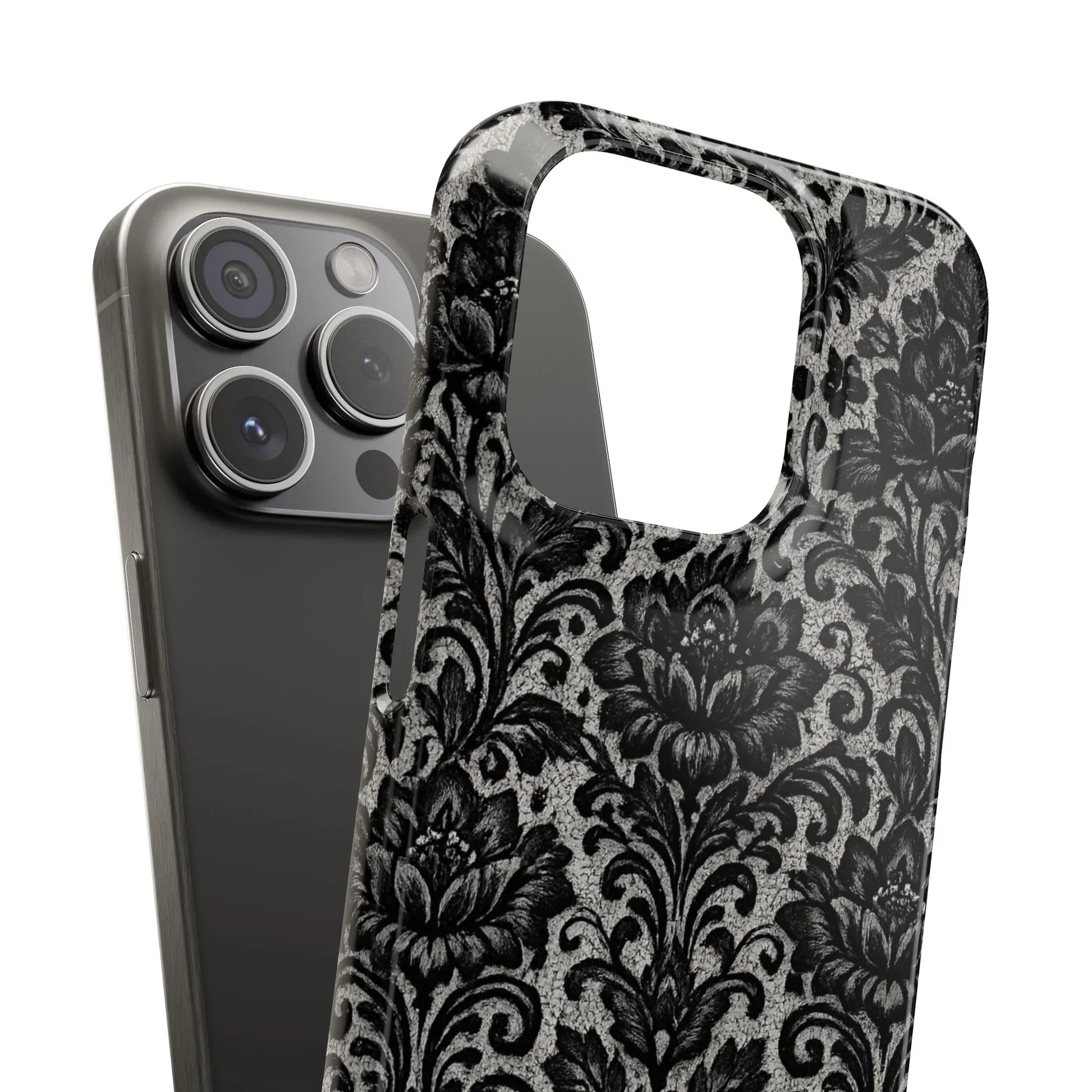 Black Damask Floral Phone Case for iPhone 11-17 and Galaxy S20-S25 - KARARMDESIGN