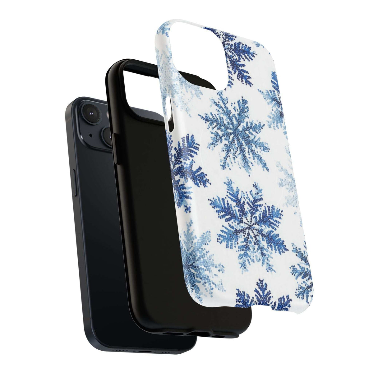 Snowflake phone case for iPhone, front corner view, white with blue snowflake design