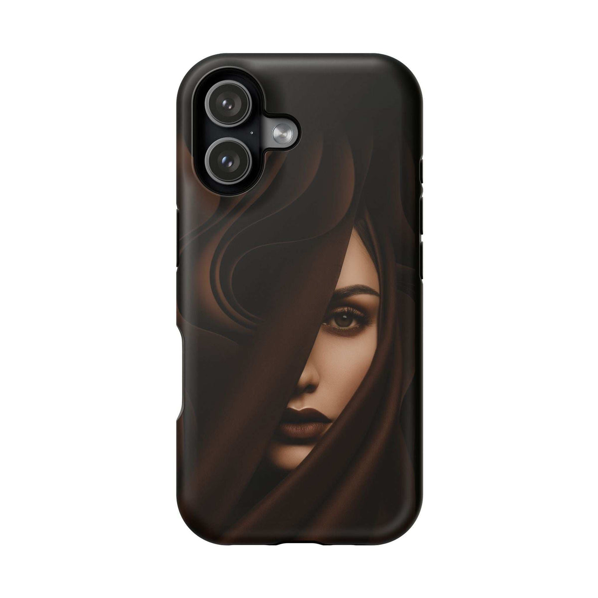 Black phone case featuring moody woman portrait; back camera area shown