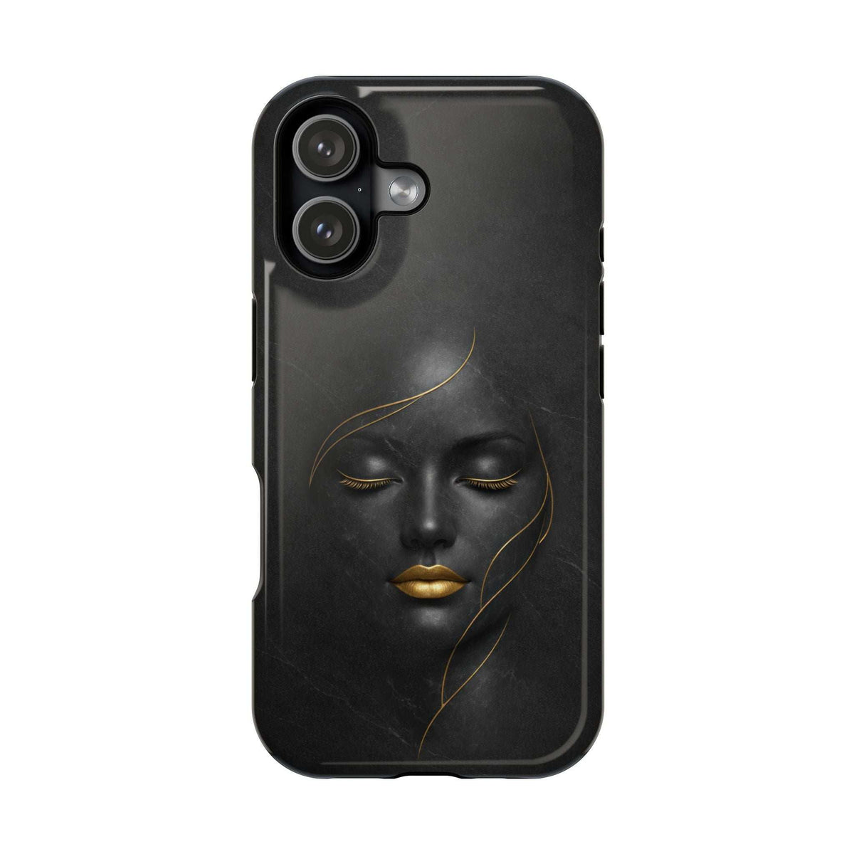 Black smartphone case with gold face illustration and cutouts for dual camera lenses