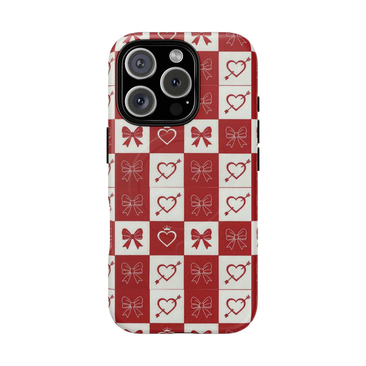 Phone case with red checkered hearts and bows pattern and cutouts for camera lenses