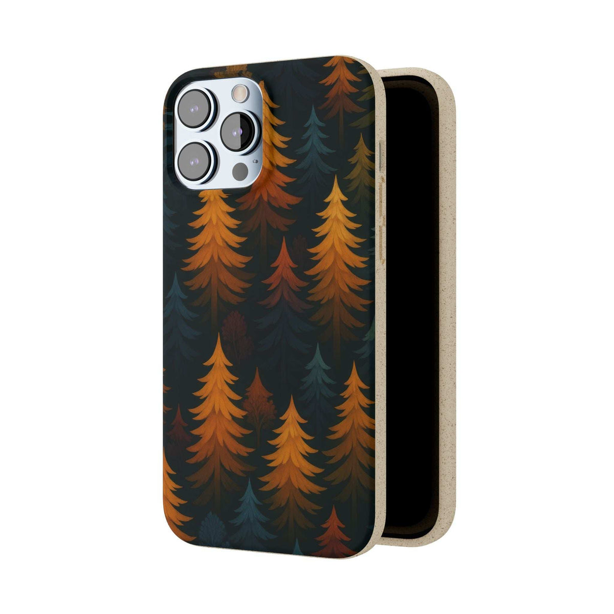 Biodegradable phone case forest pattern, dark blue and orange trees; protective back showing edge
