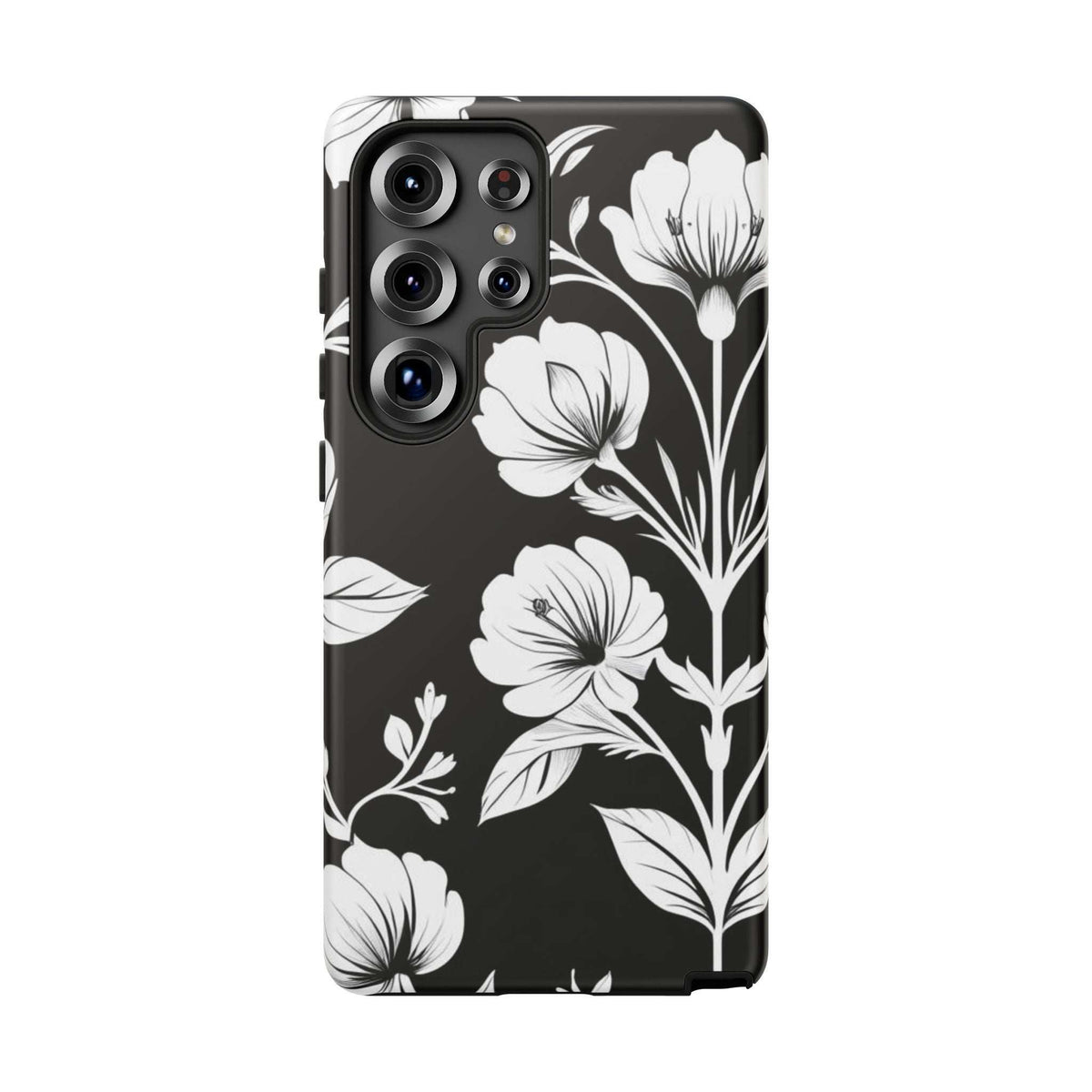 Phone case with black base and white floral pattern, raised camera cutouts