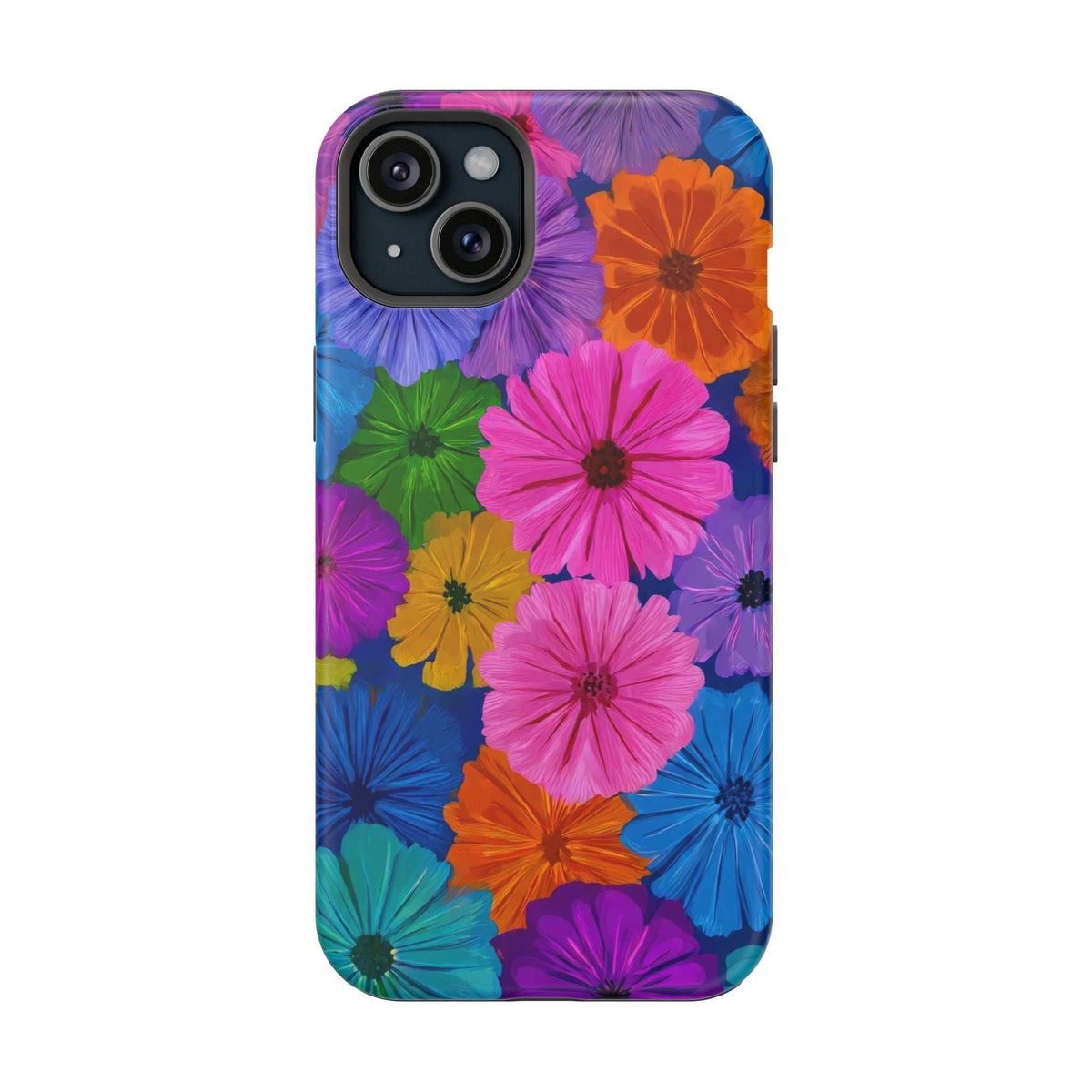 Colorful floral phone case showing black camera module cutout on patterned cover