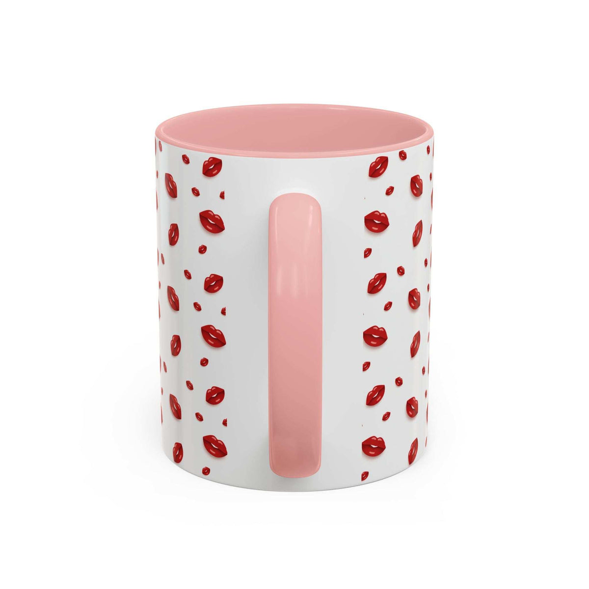 Accent coffee mug with hot lips pattern and tall pink lip panel, pink rim