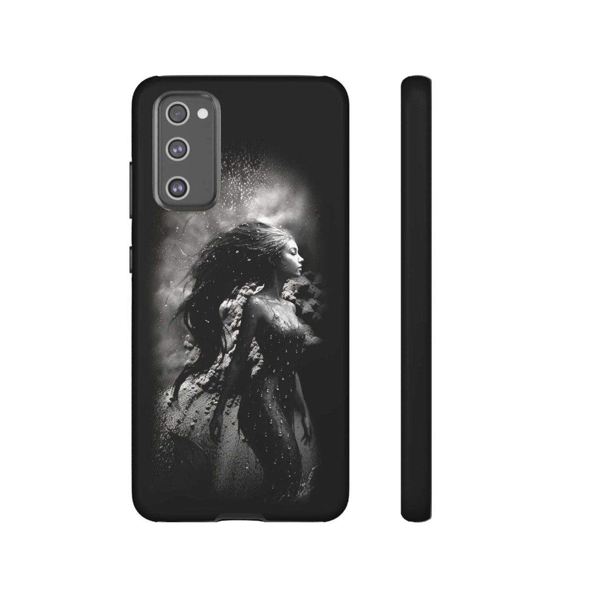 Black phone case with monochrome mermaid portrait, side edge and three camera lenses