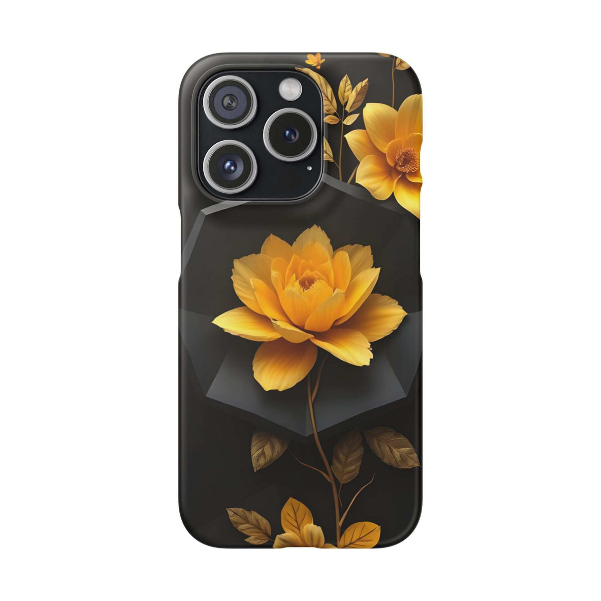 Black phone case with yellow flower design, gold leaves accents, and camera lens openings.