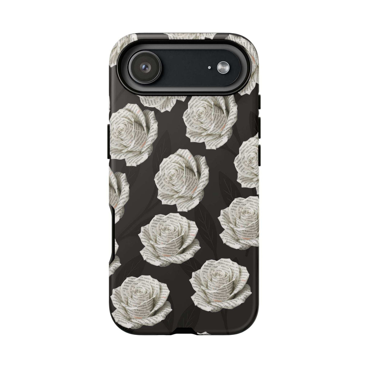 Phone case with black background and white rose pattern, single lens cutout