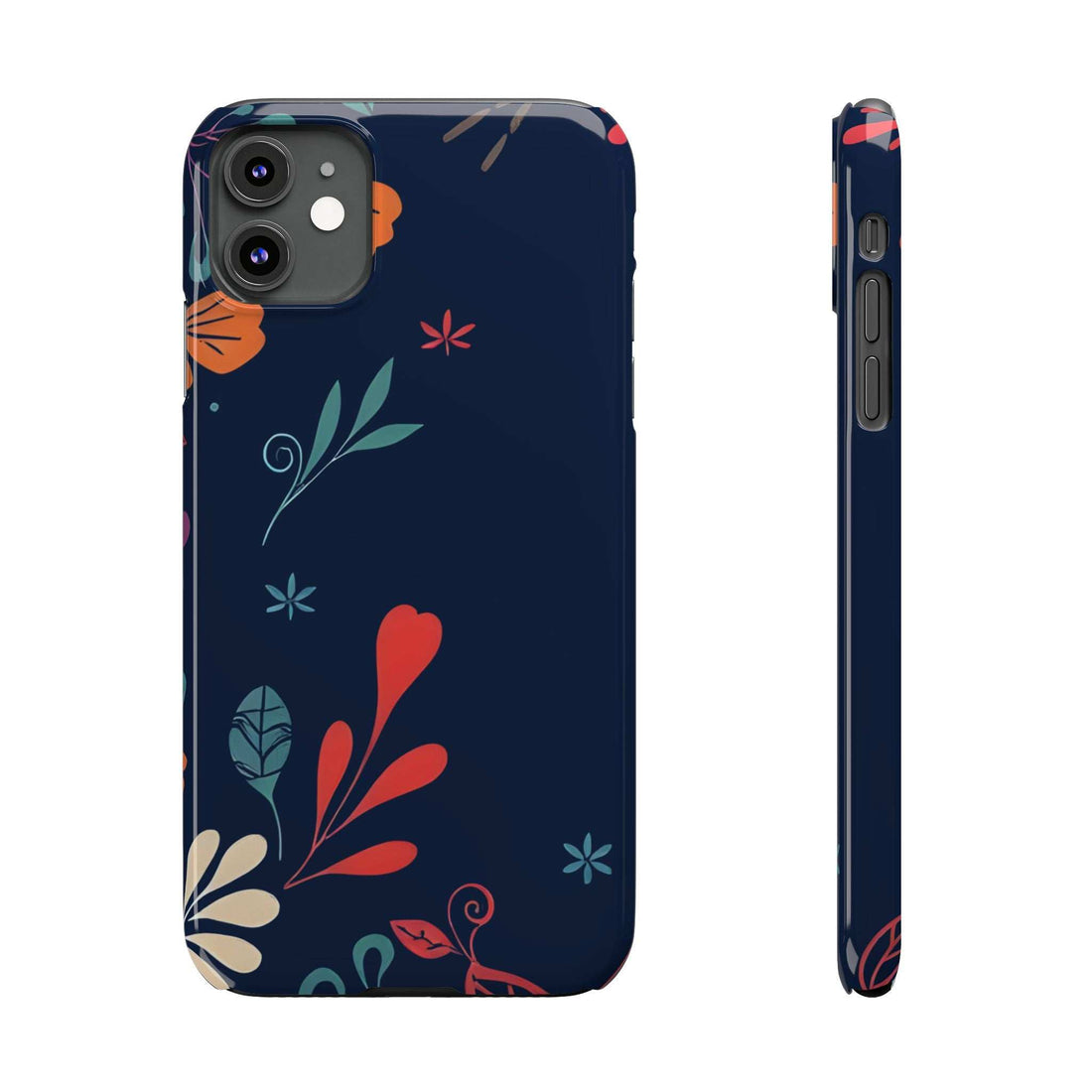 Navy phone case with red-orange botanical hearts and leaves, camera cutouts and buttons