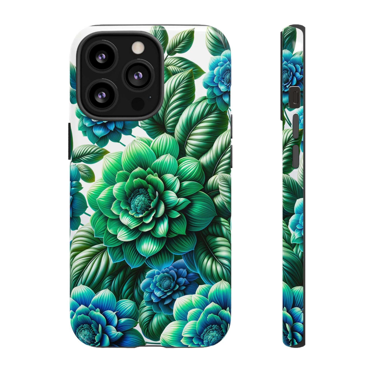 Green & blue floral phone case with leaf-and-bloom pattern, back view and side profile