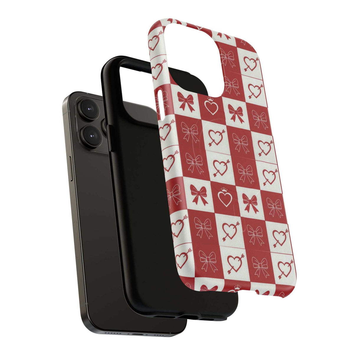 Red-and-white heart-and-bow checkered phone case with raised edges and camera cutout.