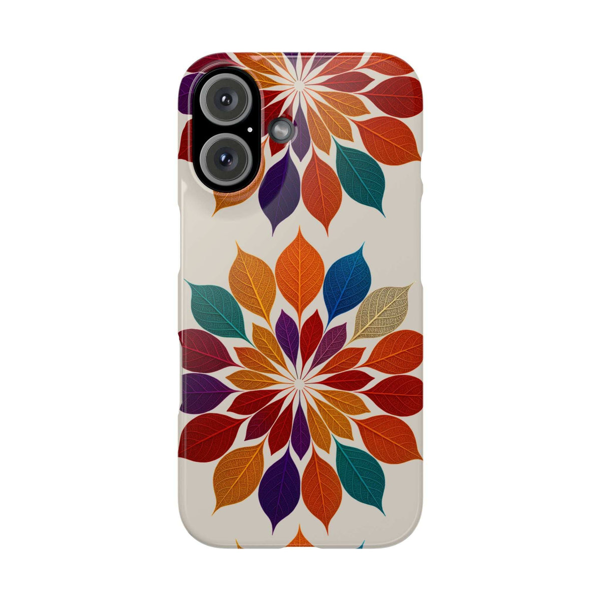 Leaf mandala phone case with colorful autumn leaves and cutouts for iPhone cameras