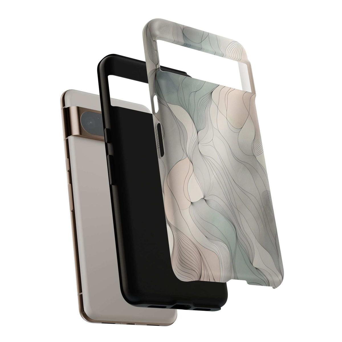 Pastel wave phone case with clear frame and wavy blue-beige pattern, overlapping back view