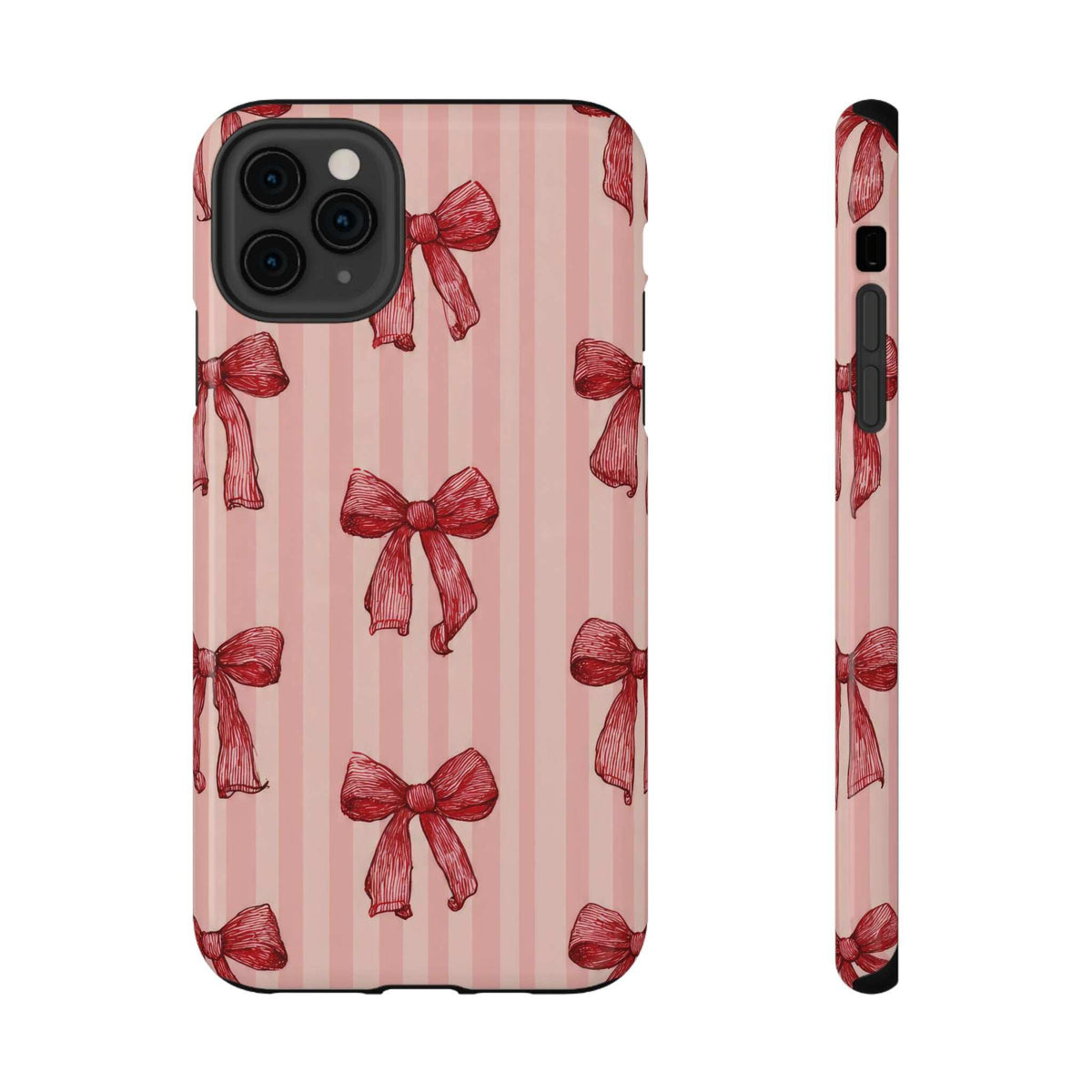 Pink striped phone case with red bow pattern; black camera cutout and side buttons