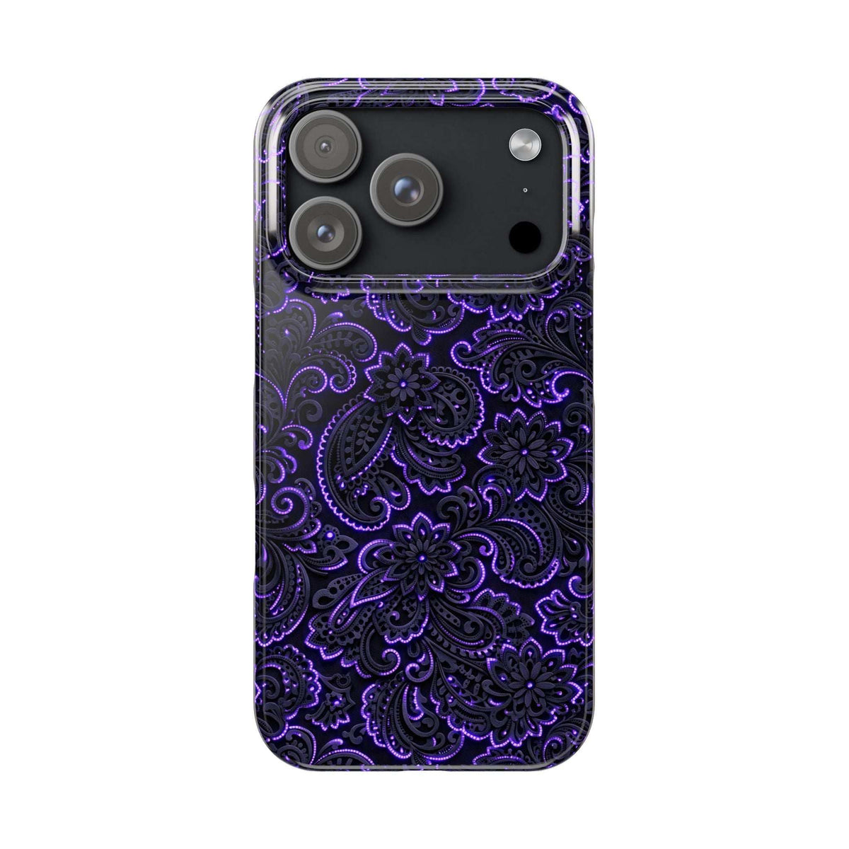 Purple paisley phone case with neon floral paisley print and top camera cutout.