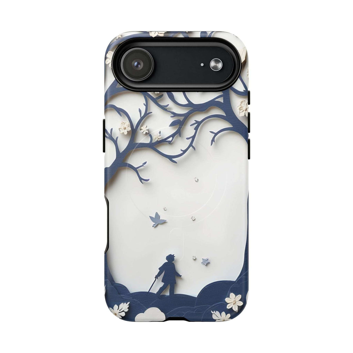 Nature silhouette phone case for iPhone 13-17 with horizontal camera cutout and bird motifs