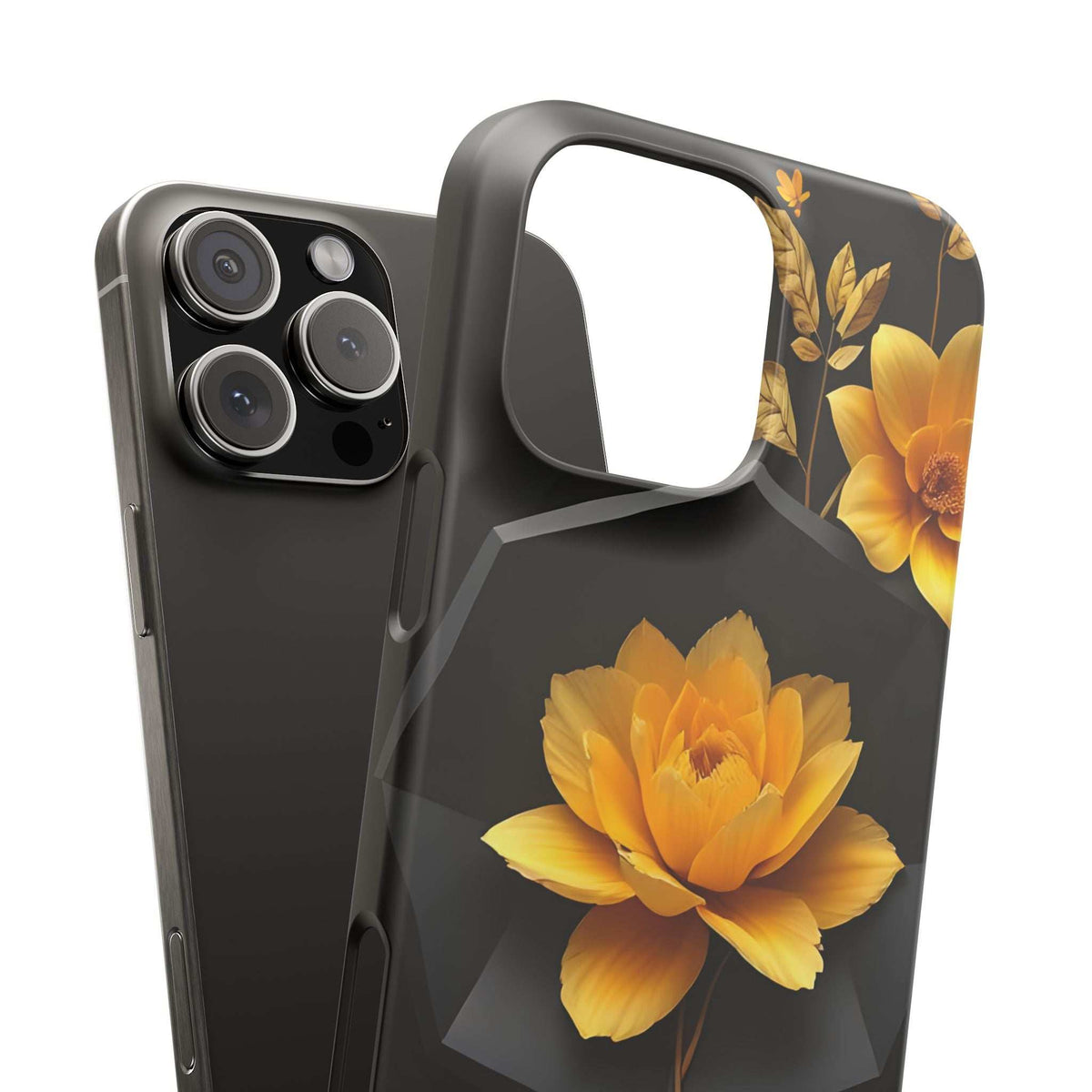 Yellow flower phone case with black backing, camera cutout and side button openings