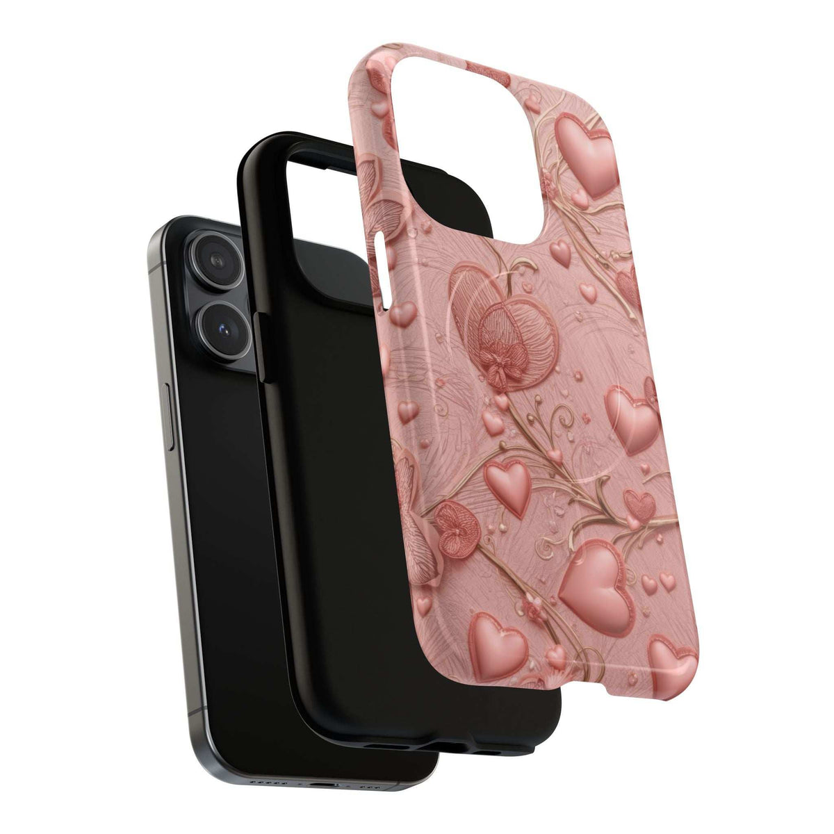Pink phone case with embossed hearts and vines pattern, camera cutout and raised details
