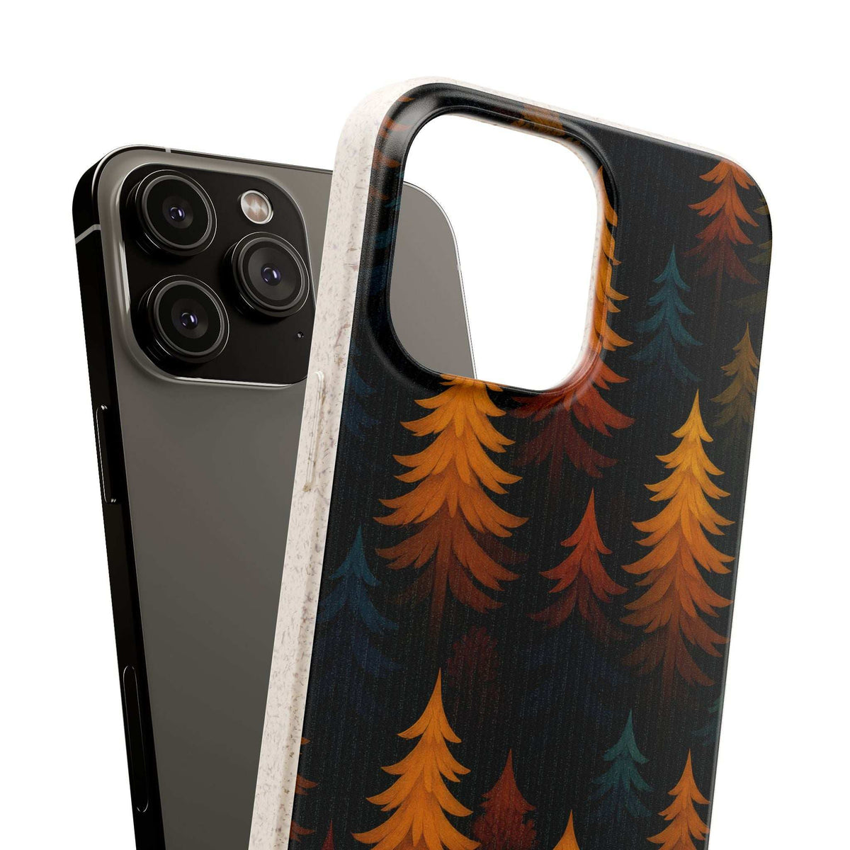 Biodegradable phone case featuring colorful fall tree pattern and side button cutout