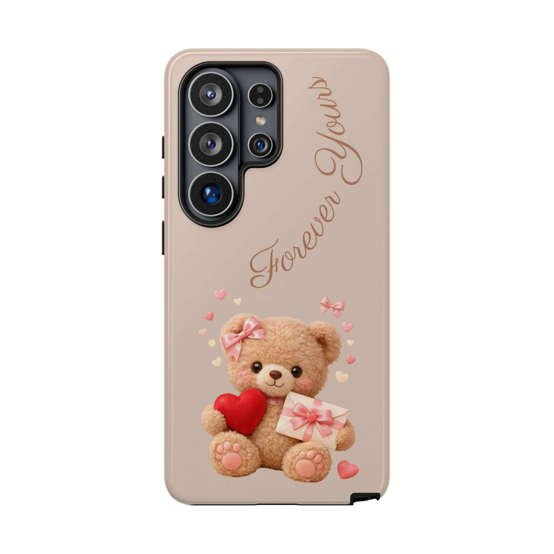Beige phone case with teddy bear, red heart, and pink ribbon gift graphic; Samsung Galaxy.