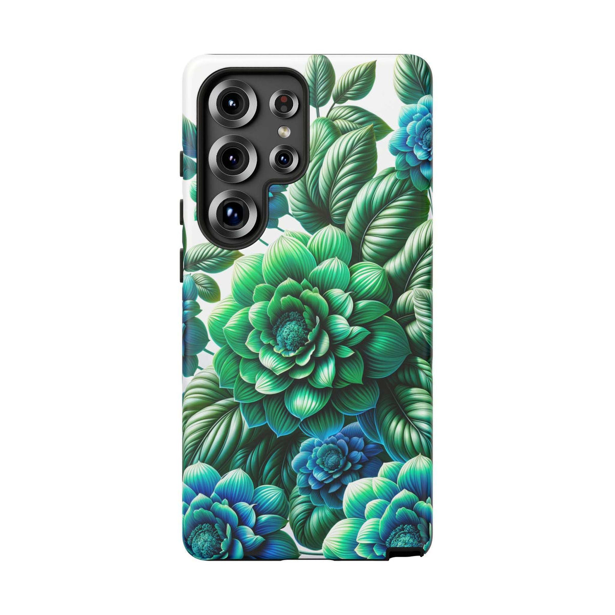 Green and blue floral phone case with raised camera cutouts and leaf pattern