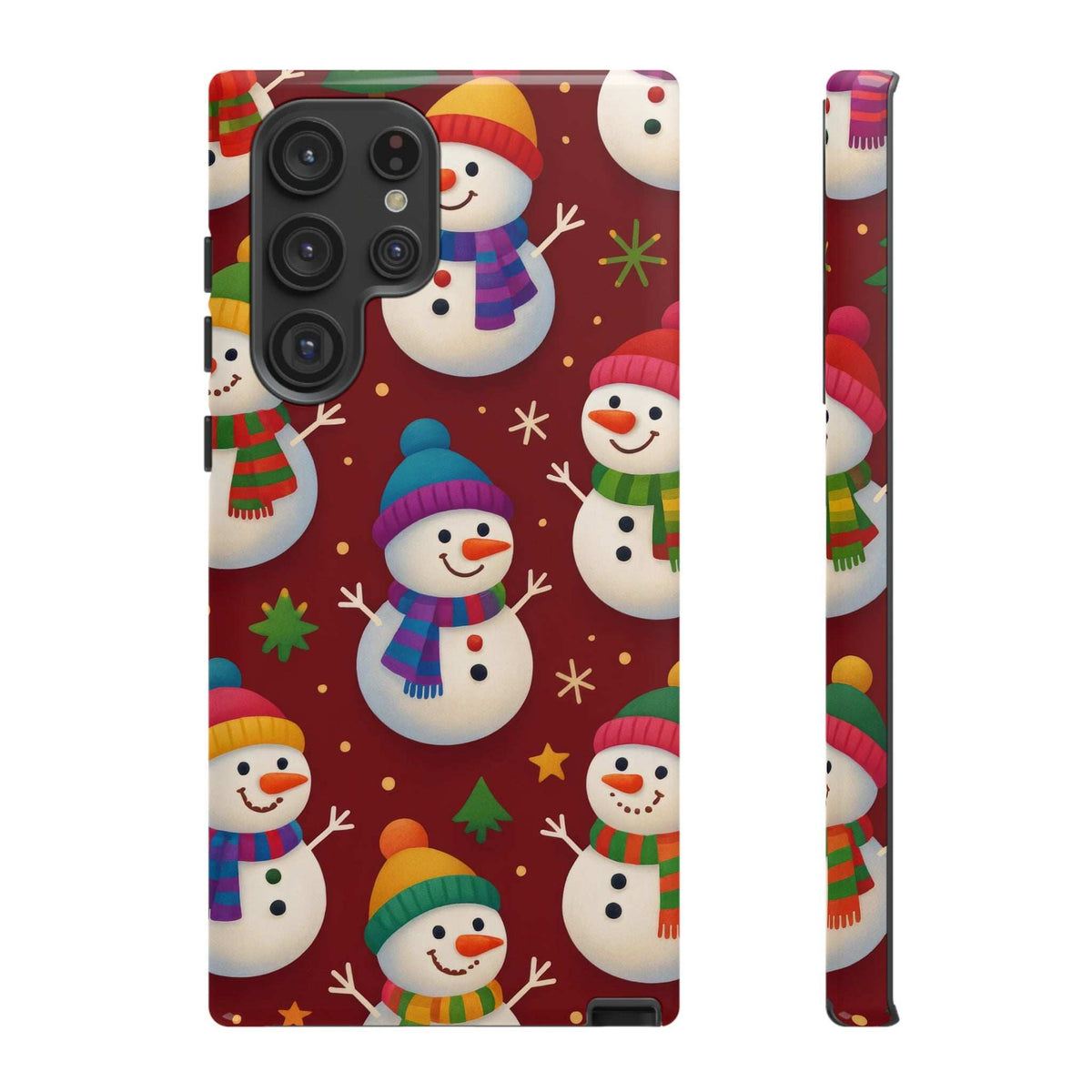 Glossy phone case showing festive snowman figures in a holiday pattern; side button cutout.