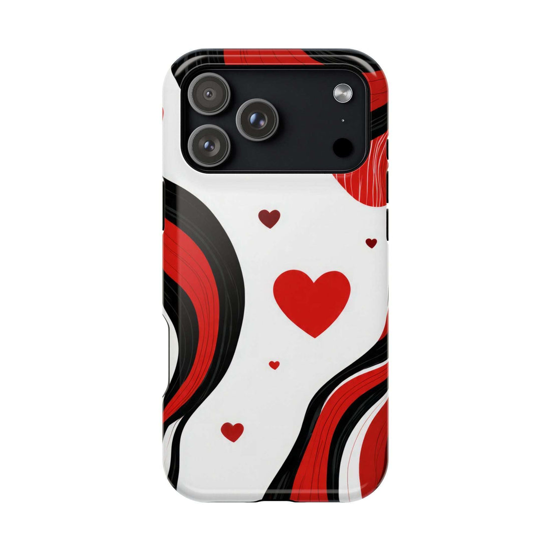 Phone case front view with red hearts and curved wave swirls, camera lens cutouts