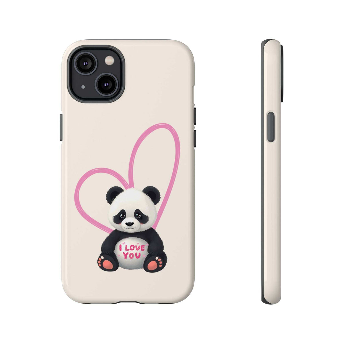 Beige phone case with panda in pink heart holding 'I LOVE YOU'; camera cutouts visible.